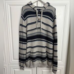 American Eagle XL Hooded Knit Sweater Striped Grey White Blue Kanga Pouch